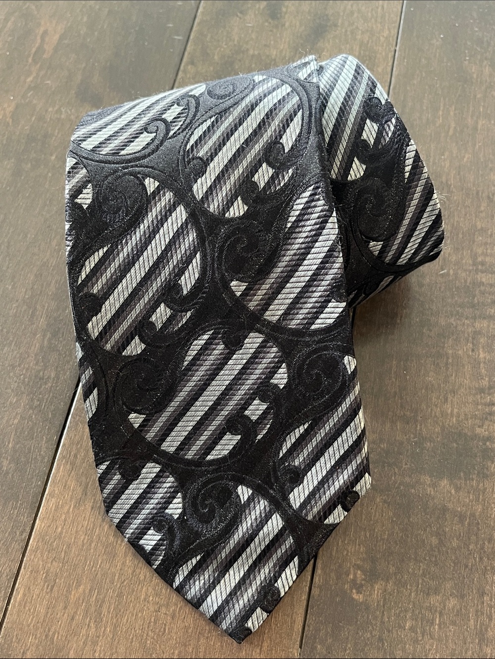 Pavone Black Patterned Silk Tie - Elegant Scroll & Stripe